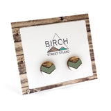 Small Round Geometric Stud Earrings, Chevron Earrings, Moss Green Dark Wood and White Studs, Anniversary Gift, Girlfriend Gift | Nickel Free