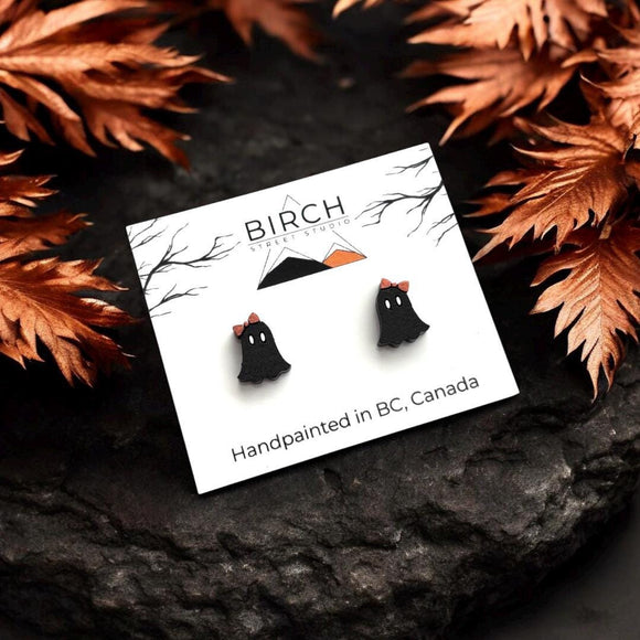 Ghost Stud Earrings, Boojee Ghosts with Bow, Halloween Earrings, Black and White Ghosts, Wood Studs with Hypoallergenic Posts, Girly Ghosts