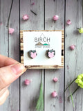 Cat Heart Earrings – Hand Painted Wooden Studs with Surgical Steel Posts  (AN)