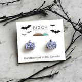 Jack O' Lantern Stud Earrings, Pastel Halloween Pumpkin Earrings, Pink Pumpkin Studs, Light Purple Pumpkin Studs, Hand Painted Wood Earrings