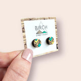 Wood Stud Earrings – Small Geometric Mint Green and Gold Round Wooden Studs Hypoallergenic