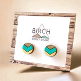 Wood Stud Earrings - Hand Painted Mint Green & Gold Chevron, Small Round Hypoallergenic  (CHEVR)