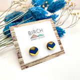 Geometric Stud Earrings - Small Round Navy Blue & Gold Chevron Lightweight Wood Jewelry  (CHEVR)