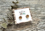 a hand holding a pair of wooden earrings on a card. The wooden earrings are laser cut and engraved with the image of a paw print. The paw print could be either a cat paw or a dog paw. The earrings are hypoallergenic, with surgical steel posts.
