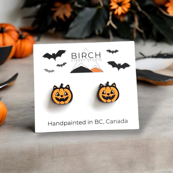 Halloween Cat Pumpkin Earrings, Hand Painted Wood Studs, Cat Jack O' Lantern, Cat Lover Gift, Cat Mom Halloween, Hypoallergenic