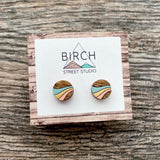 Wooden Stud Earrings – Hypoallergenic Studs With Wave Design | Hand Painted  (RR)