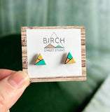 Triangle Stud Earrings, Mint and Gold Wood Studs, Geometric Wooden Earrings, Hypoallergenic Surgical Steel Posts, Hand Painted