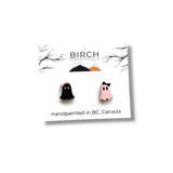Ghost Stud Earrings, Boojee Ghosts with Bow, Pink and Black Halloween Earrings, Girly Ghosts, Wood Studs with Hypoallergenic Posts