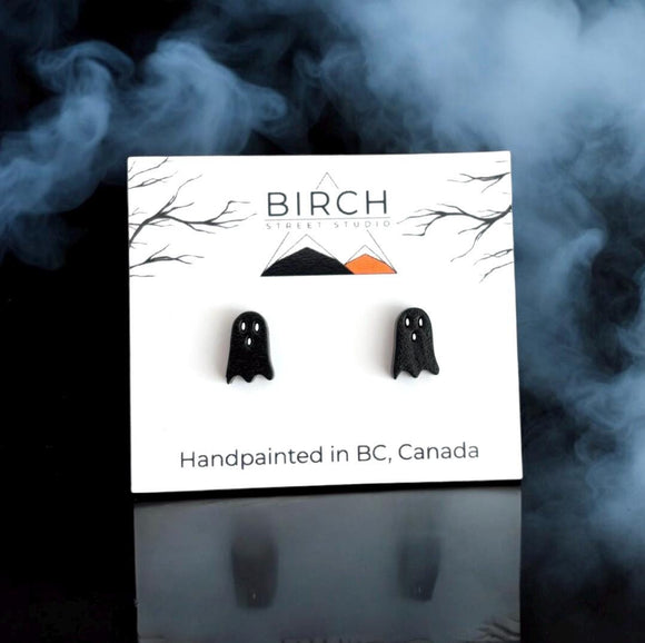 Ghost Stud Earrings, Hand Painted Halloween Ghosts, Wooden White Ghosts, Black Ghosts, or Mix and Match, High Quality Hypoallergenic Posts