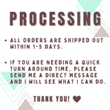 a card with a message that says, processing all orders are shipped out within 1