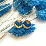 Geometric Stud Earrings - Small Round Navy Blue & Gold Chevron Lightweight Wood Jewelry  (CHEVR)