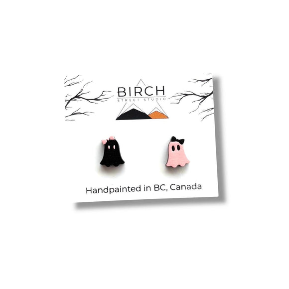 Ghost Stud Earrings, Boojee Ghosts with Bow, Pink and Black Halloween Earrings, Girly Ghosts, Wood Studs with Hypoallergenic Posts