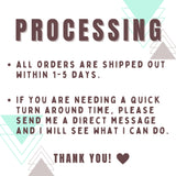 text that provides information about the processing of orders, stating that all orders are shipped out within 1-5 days. It also mentions that if someone needs a quick turn around time, they should send a direct message to the person who processes the orders, and the person will see what they can do. The image also includes a heart symbol at the bottom, which could be a gesture of gratitude or appreciation.