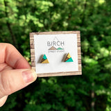 Triangle Stud Earrings, Mint and Gold Wood Studs, Geometric Wooden Earrings, Hypoallergenic Surgical Steel Posts, Hand Painted