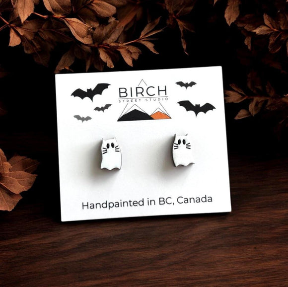 Cat Ghost Earrings, Halloween Cat Hand Painted Wood Studs, Hypoallergenic, Cat Lover Gift,