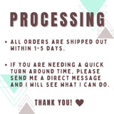 a card with a message that says, processing all orders are shipped out within 1
