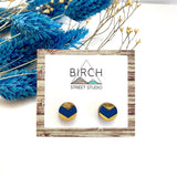 Geometric Stud Earrings - Small Round Navy Blue & Gold Chevron Lightweight Wood Jewelry  (CHEVR)