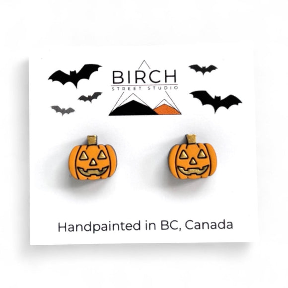 Jack O' Lantern Earrings, Halloween Pumpkin Stud Earrings, Hand Painted Wood Post Earrings, Fall Earrings,