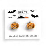 Jack O' Lantern Earrings, Halloween Pumpkin Stud Earrings, Hand Painted Wood Post Earrings, Fall Earrings,