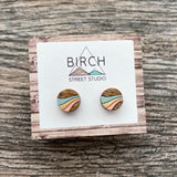 Wooden Stud Earrings – Hypoallergenic Studs With Wave Design | Hand Painted  (RR)