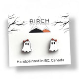 Ghost Stud Earrings, Boojee Ghosts with Bow, Halloween Earrings, Black and White Ghosts, Wood Studs with Hypoallergenic Posts, Girly Ghosts