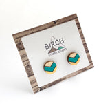 Wood Stud Earrings - Hand Painted Mint Green & Gold Chevron, Small Round Hypoallergenic  (CHEVR)