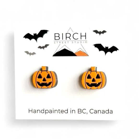 Jack O' Lantern Earrings, Halloween Stud Earrings, Hand Painted Wood Post Earrings, Halloween Pumpkins, Hypoallergenic,