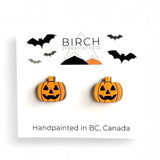 Jack O' Lantern Earrings, Halloween Stud Earrings, Hand Painted Wood Post Earrings, Halloween Pumpkins, Hypoallergenic,