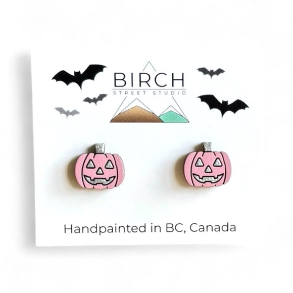 Jack O' Lantern Stud Earrings, Pastel Halloween Pumpkin Earrings, Pink Pumpkin Studs, Light Purple Pumpkin Studs, Hand Painted Wood Earrings