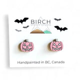 Jack O' Lantern Stud Earrings, Pastel Halloween Pumpkin Earrings, Pink Pumpkin Studs, Light Purple Pumpkin Studs, Hand Painted Wood Earrings