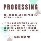text that provides information about the processing of orders, stating that all orders are shipped out within 1-5 days. It also mentions that if someone needs a quick turn around time, they should send a direct message to the person who processes the orders, and the person will see what they can do. The image also includes a heart symbol at the bottom, which could be a gesture of gratitude or appreciation.