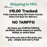The image is a shipping label for a package, stating that it is fully tracked using Chit Chats Courier, allowing 2-8 days for delivery, and there are no fees. The price is the price the customer pays, which is the price they see, and it is free.