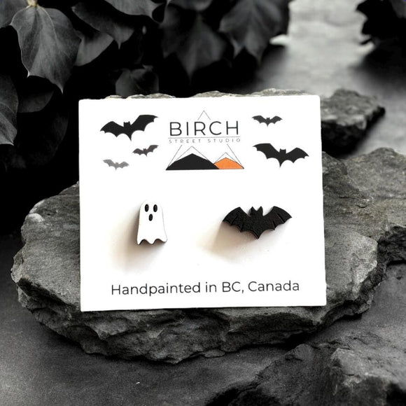 Bat Earrings – Wooden Halloween Studs | Hand Painted Bat Jewelry | Gothic Earrings with Surgical Steel Posts