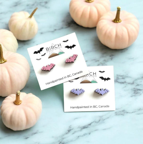 Bat Earrings – Wooden Halloween Studs | Hand Painted Bat Jewelry | Gothic Earrings with Surgical Steel Posts