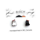 Ghost Stud Earrings, Boojee Ghosts with Bow, Halloween Earrings, Black and White Ghosts, Wood Studs with Hypoallergenic Posts, Girly Ghosts