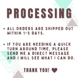 text that provides information about the processing of orders, stating that all orders are shipped out within 1-5 days. It also mentions that if someone needs a quick turn around time, they should send a direct message to the person who processes the orders, and the person will see what they can do. The image also includes a heart symbol at the bottom, which could be a gesture of gratitude or appreciation.