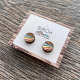 Wooden Stud Earrings – Hypoallergenic Studs With Wave Design | Hand Painted  (RR)