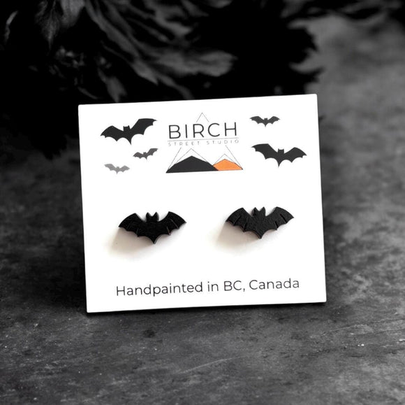 Bat Earrings – Wooden Halloween Studs | Hand Painted Bat Jewelry | Gothic Earrings with Surgical Steel Posts