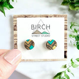Wood Stud Earrings – Small Geometric Mint Green and Gold Round Wooden Studs Hypoallergenic