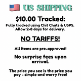 The image is a shipping label for US shipping, stating that all items are pre-approved and no surprise fees will be charged upon arrival. The price is the price the customer pays, and there are no hidden fees.