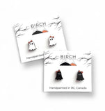 Ghost Stud Earrings, Boojee Ghosts with Bow, Halloween Earrings, Black and White Ghosts, Wood Studs with Hypoallergenic Posts, Girly Ghosts