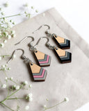 Boho Chevron Wood Dangle Earrings- Grey Pink & Silver