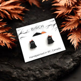 Black and Pink Ghost Stud Earrings - Wooden Halloween Earrings