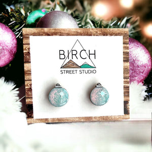 Iridescent Light Blue Sparkle Christmas Ornament Stud Earrings