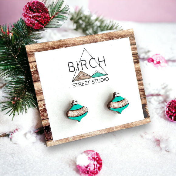 Mint Green and Pink Vintage Bauble Christmas Ornament Stud Earrings