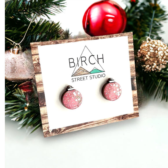 Pink Glitter Christmas Ornament Stud Earrings