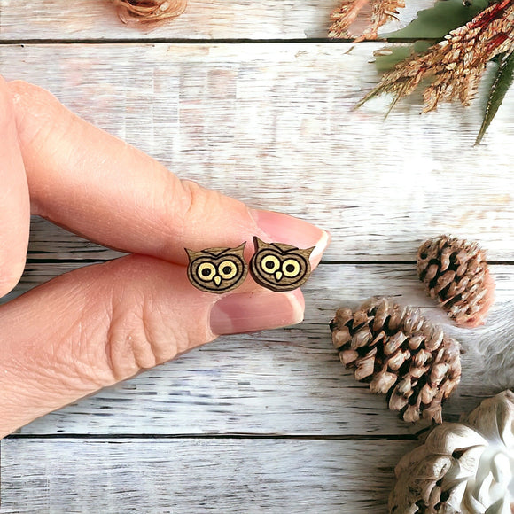 Owl Earrings, Hand Painted Wooden Owl Stud Earrings