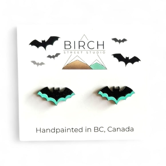 Bat Earrings – Wooden Halloween Studs | Hand Painted Bat Jewelry | Gothic Earrings with Surgical Steel Posts