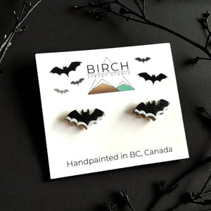 Bat Earrings – Wooden Halloween Studs | Hand Painted Bat Jewelry | Gothic Earrings with Surgical Steel Posts