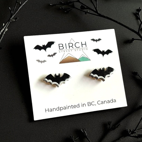 Bat Earrings – Wooden Halloween Studs | Hand Painted Bat Jewelry | Gothic Earrings with Surgical Steel Posts